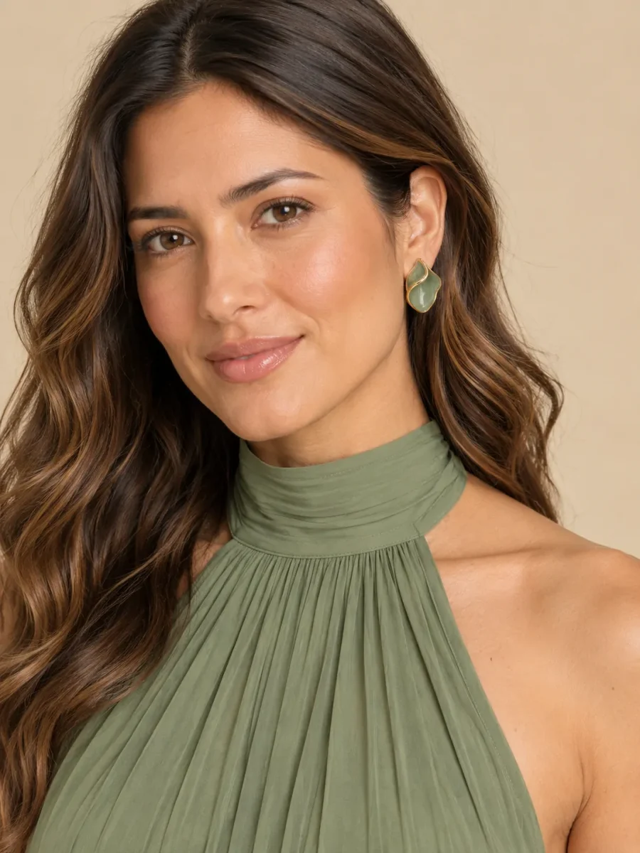 Petal Fold Studs · Sage, worn with a matching dress (dress sold separately)