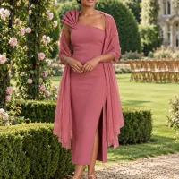Pleated Chiffon Stole · Rosewood, worn with a matching dress (dress sold separately)