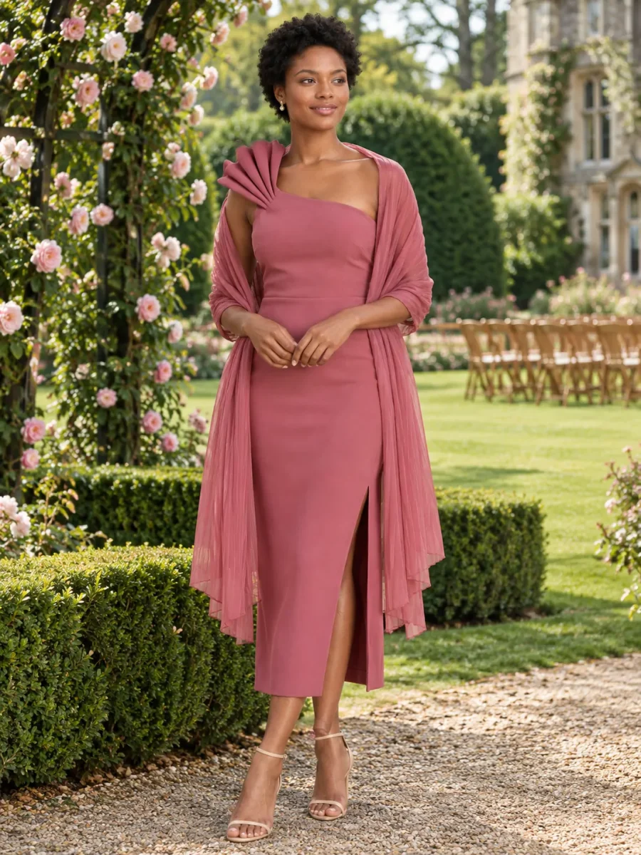 Pleated Chiffon Stole · Rosewood, worn with a matching dress (dress sold separately)