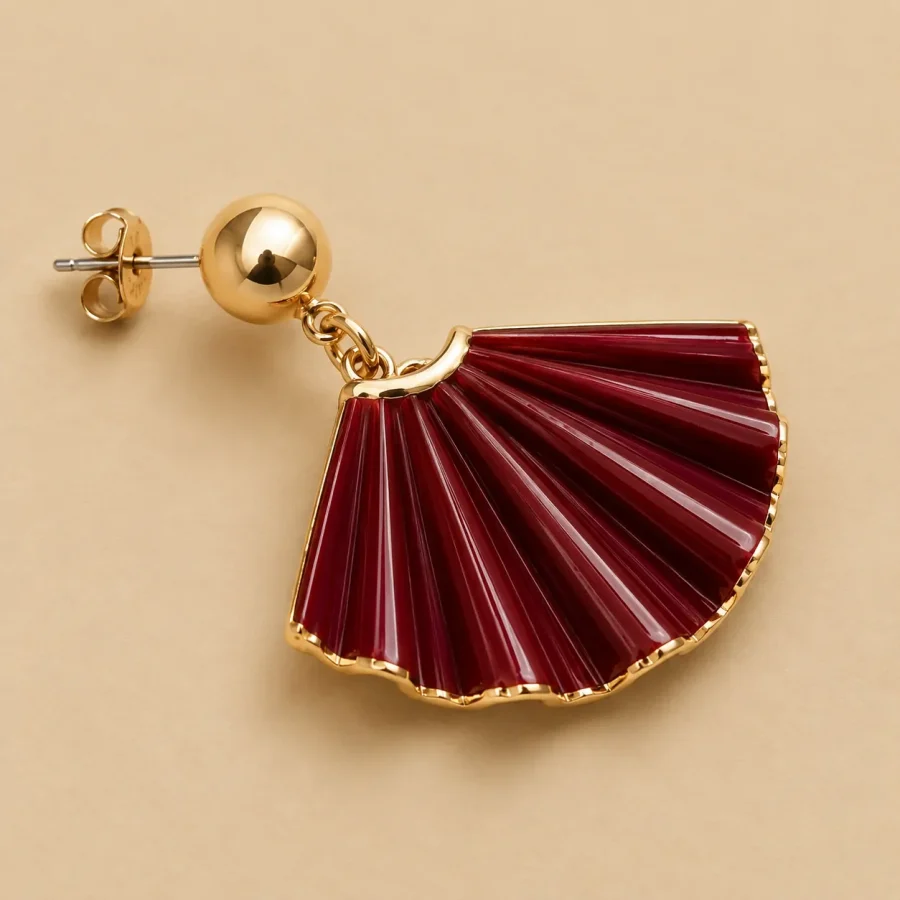 Pleated Fan Statement Earrings · Bordeaux, close-up of the detail