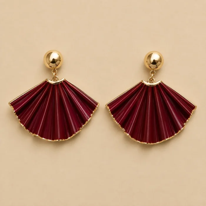 Pleated Fan Statement Earrings · Bordeaux, studio photo