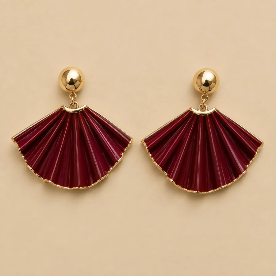Pleated Fan Statement Earrings · Bordeaux, studio photo