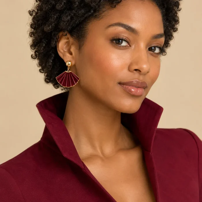 Pleated Fan Statement Earrings · Bordeaux, worn with a matching dress (dress sold separately)