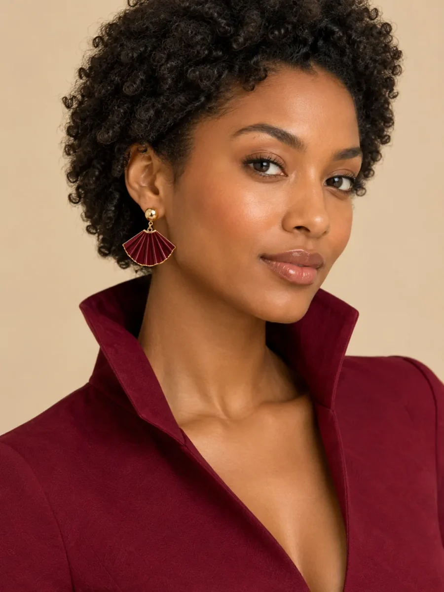 Pleated Fan Statement Earrings · Bordeaux, worn with a matching dress (dress sold separately)
