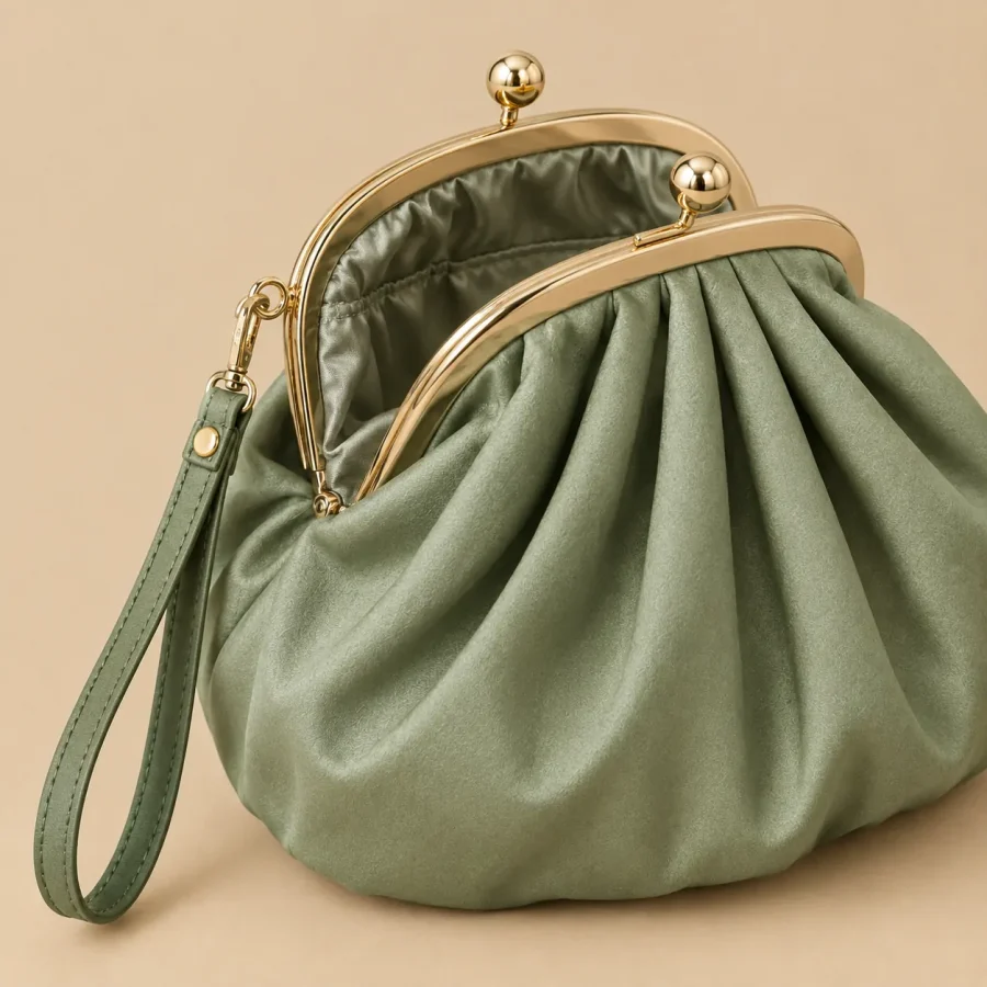 Pleated Pouch with Fold Frame · Sage, close-up of the detail