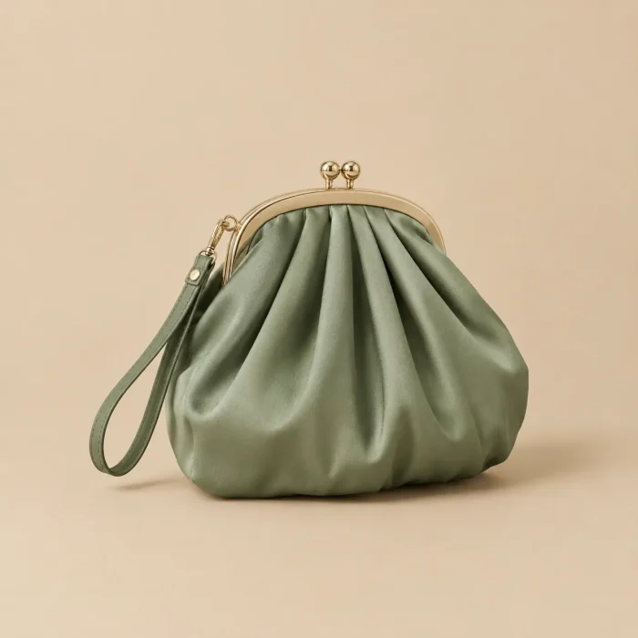Pleated Pouch with Fold Frame · Sage, studio photo