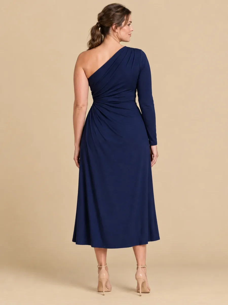 Rooftop Asymmetric Drape Midi Dress, back view