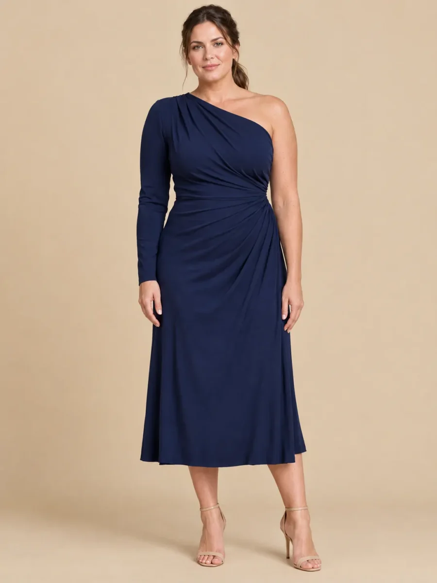 Rooftop Asymmetric Drape Midi Dress, front view