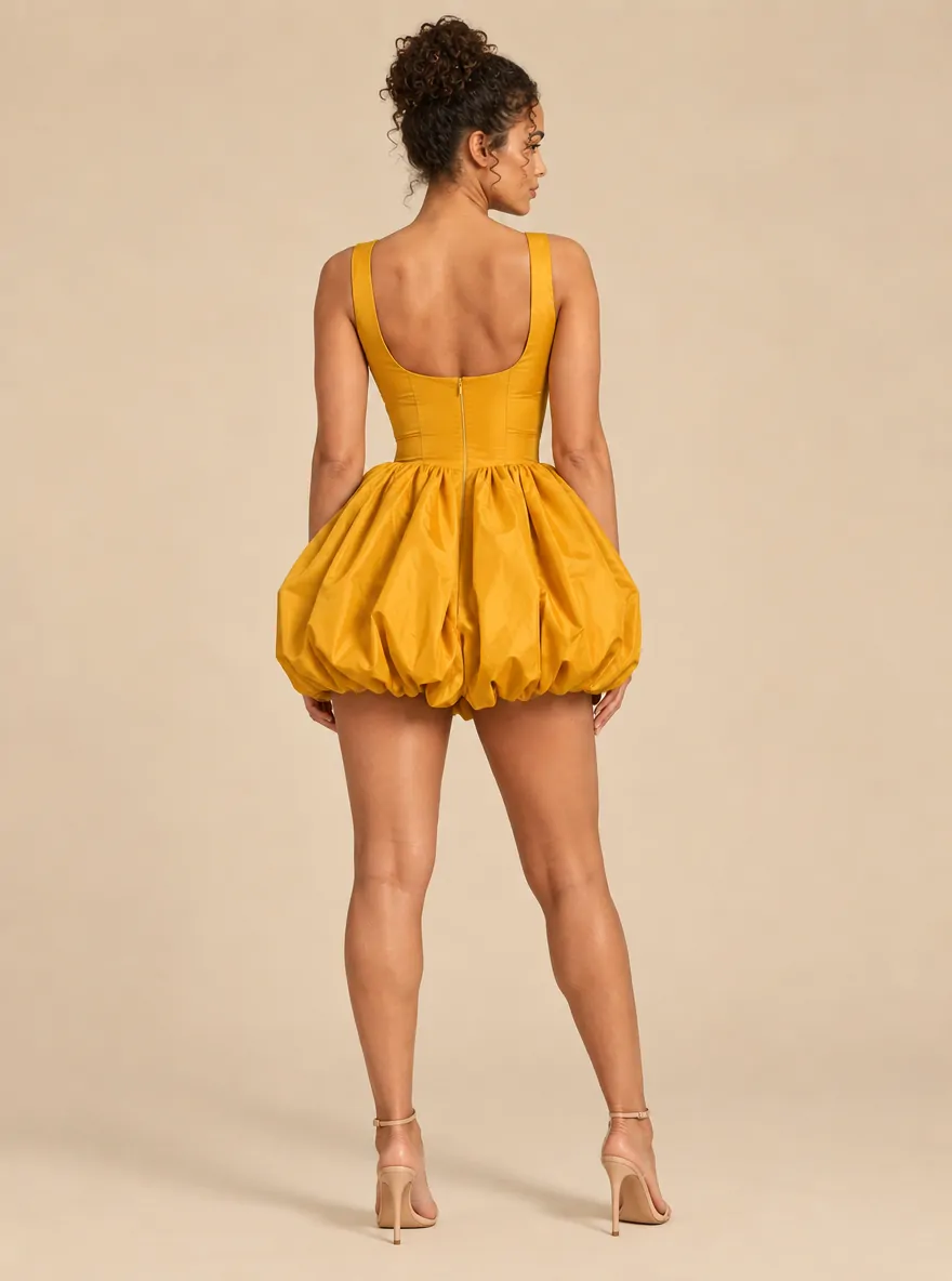 Saffron Balloon-Hem Mini Dress, back view