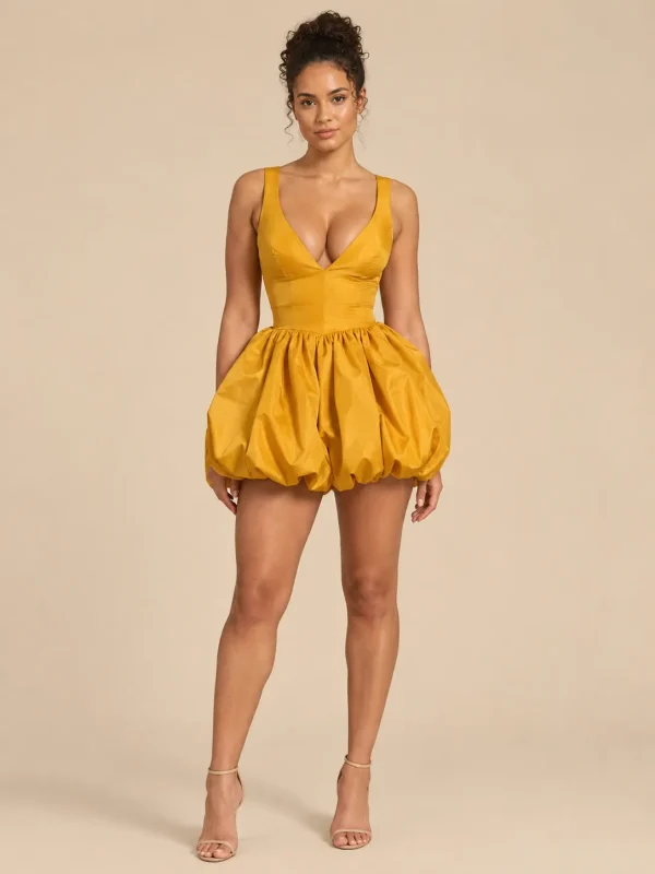 Saffron Balloon-Hem Mini Dress, front view
