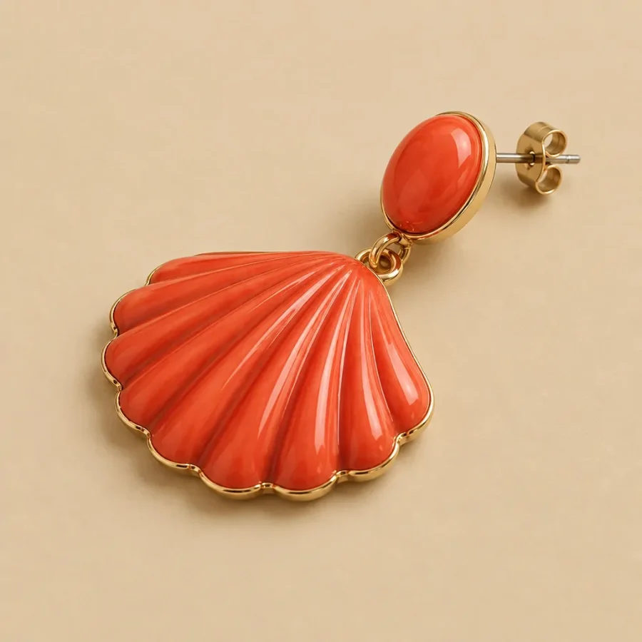 Scallop Fan Drop Earrings · Coral, close-up of the detail