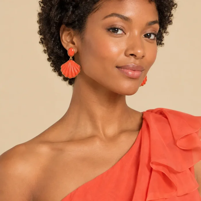 Scallop Fan Drop Earrings · Coral, worn with a matching dress (dress sold separately)