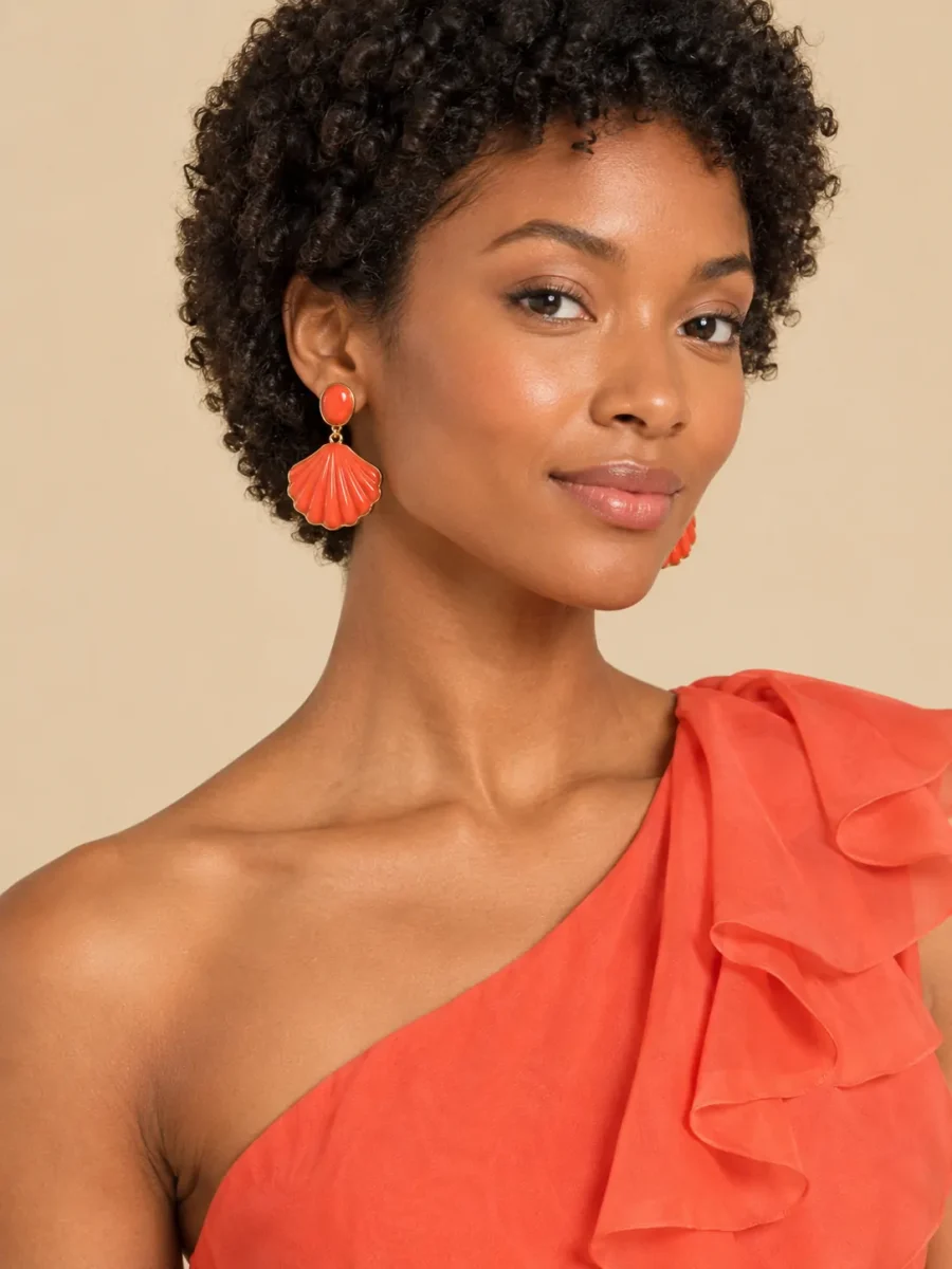 Scallop Fan Drop Earrings · Coral, worn with a matching dress (dress sold separately)