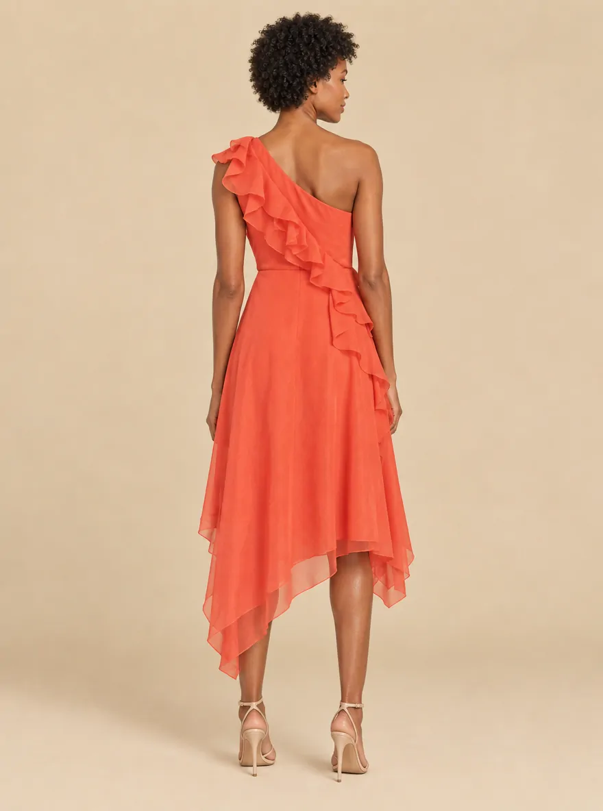 Shoreline Asymmetric Ruffle Midi Dress, back view