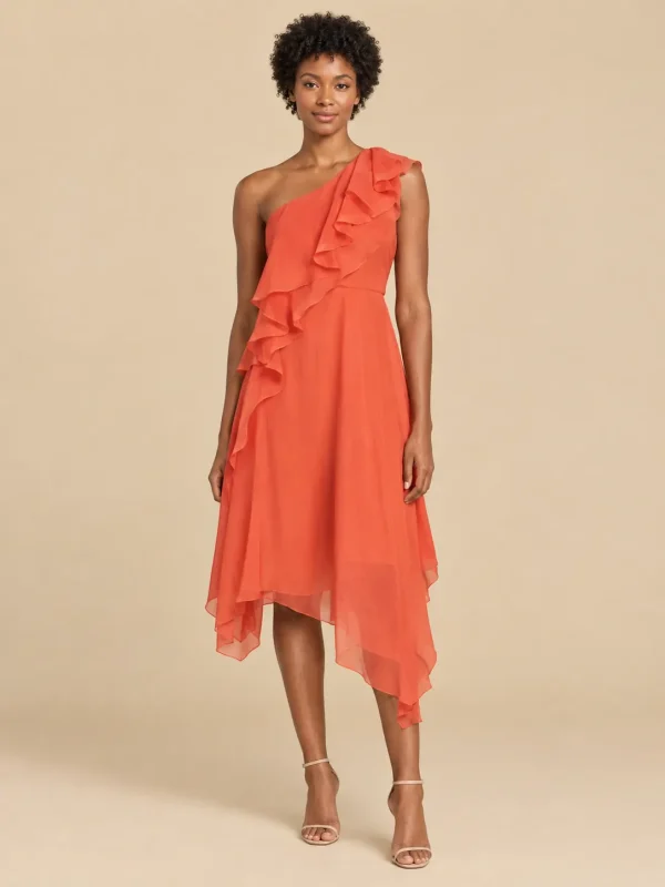 Shoreline Asymmetric Ruffle Midi Dress, front view