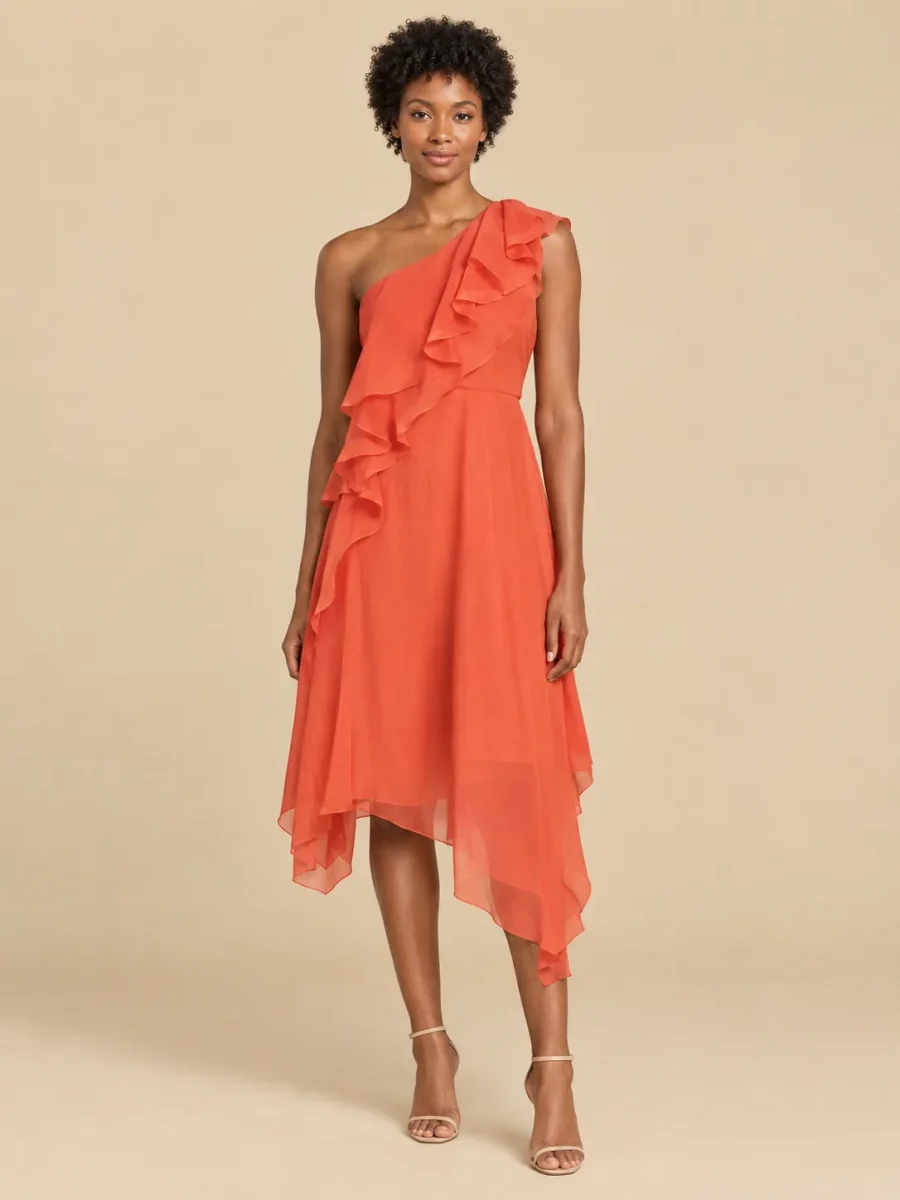 Shoreline Asymmetric Ruffle Midi Dress, front view