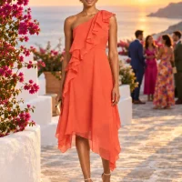 Shoreline Asymmetric Ruffle Midi Dress, worn at a wedding