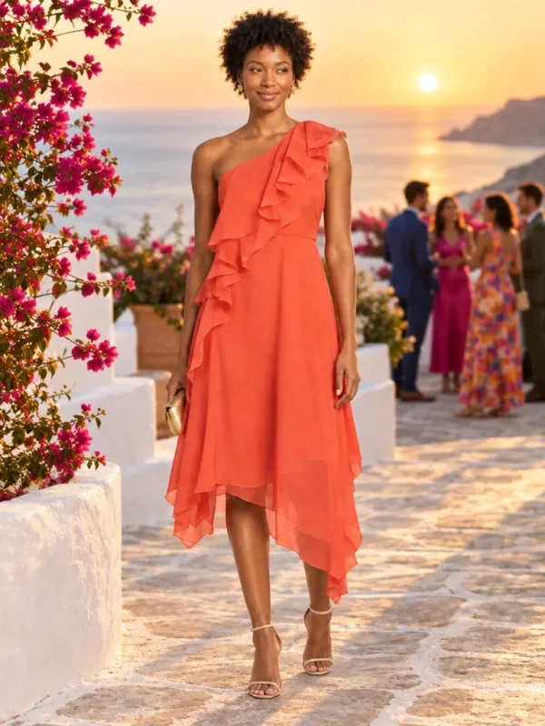 Shoreline Asymmetric Ruffle Midi Dress, worn at a wedding