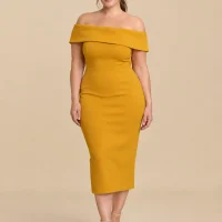 Sunset Bardot Fold Midi Dress, front view