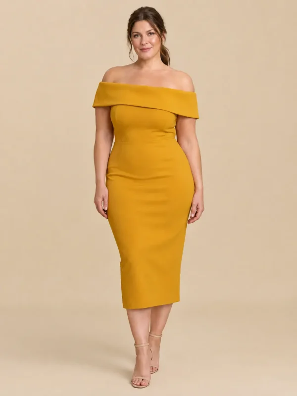 Sunset Bardot Fold Midi Dress, front view