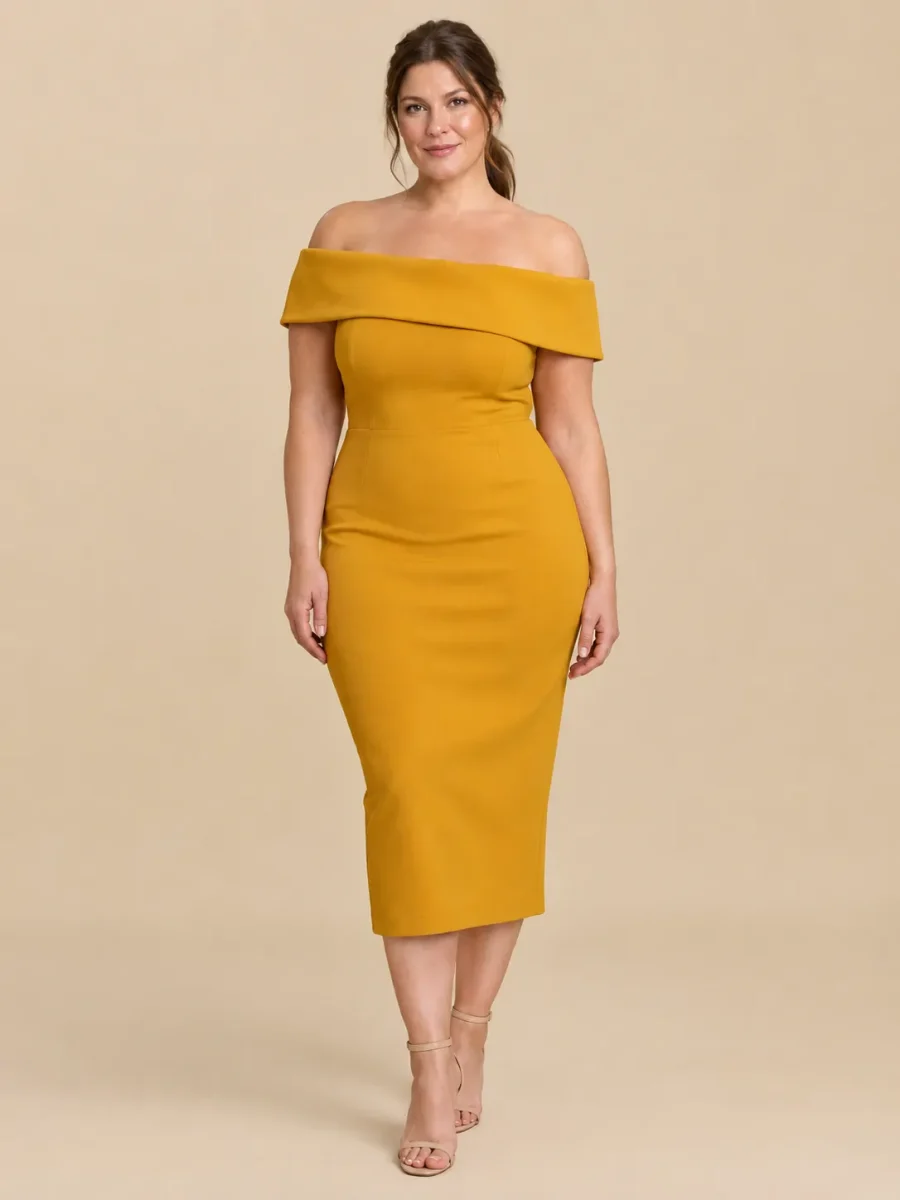 Sunset Bardot Fold Midi Dress, front view