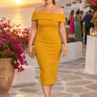 Sunset Bardot Fold Midi Dress, worn at a wedding