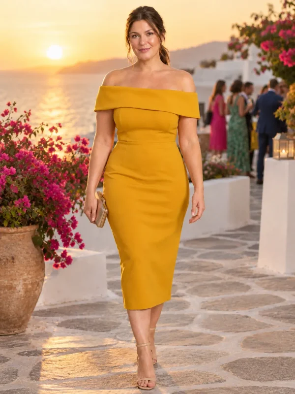 Sunset Bardot Fold Midi Dress, worn at a wedding