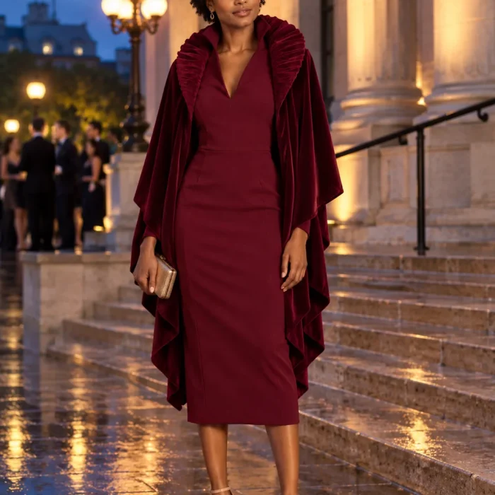 Velvet Fan-Collar Stole · Bordeaux, worn with a matching dress (dress sold separately)