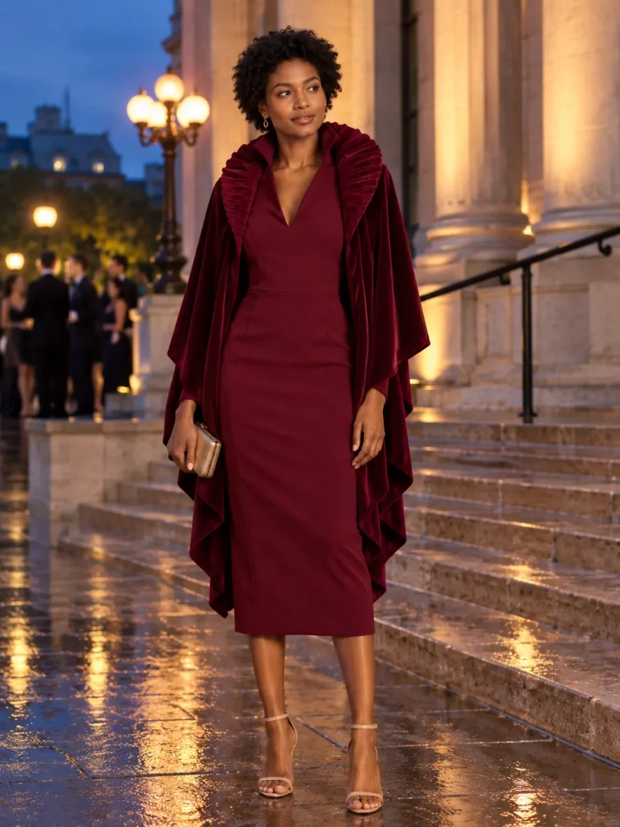 Velvet Fan-Collar Stole · Bordeaux, worn with a matching dress (dress sold separately)