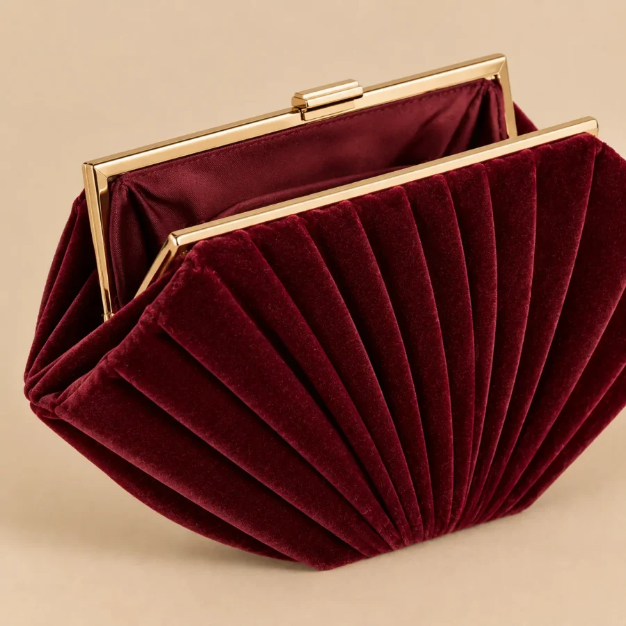 Velvet Fan Frame Clutch · Bordeaux, close-up of the detail