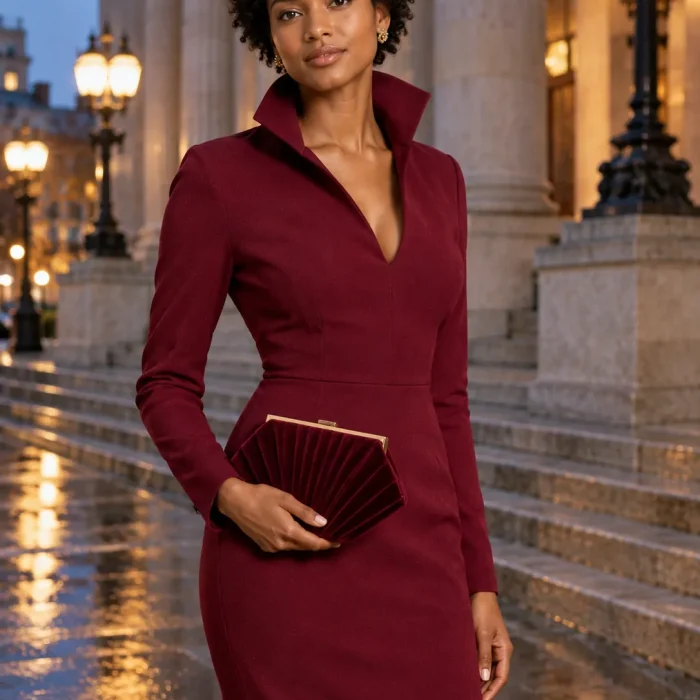 Velvet Fan Frame Clutch · Bordeaux, worn with a matching dress (dress sold separately)