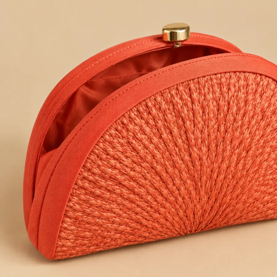 Woven Fan Clutch · Coral, close-up of the detail