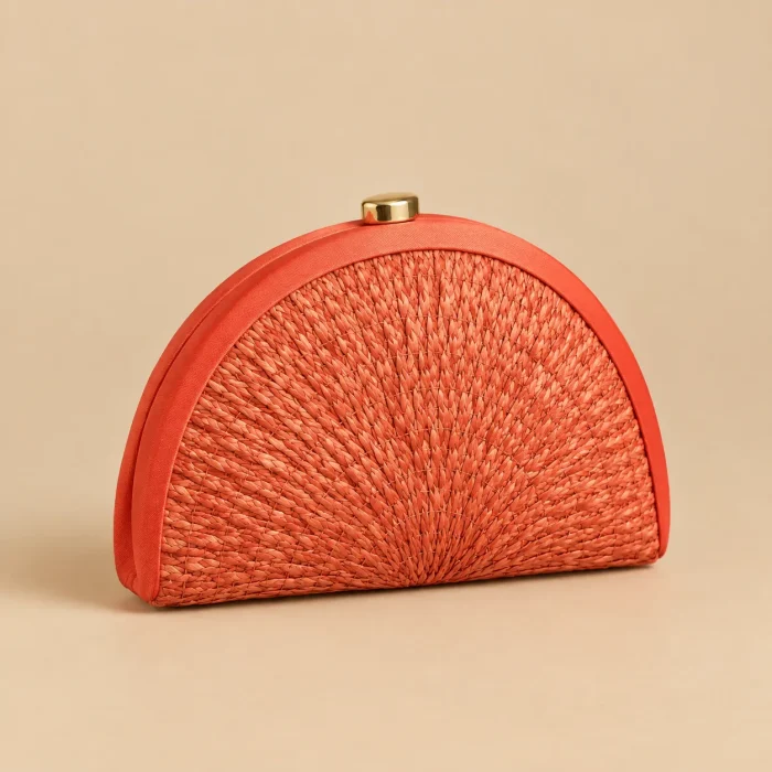 Woven Fan Clutch · Coral, studio photo