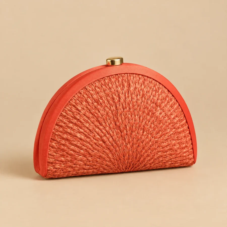 Woven Fan Clutch · Coral, studio photo