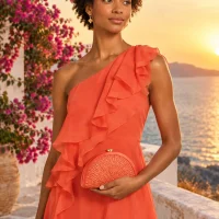 Woven Fan Clutch · Coral, worn with a matching dress (dress sold separately)